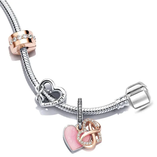 BRACE CO European Heart-shaped Pendant Charm Bracelet Fit Women's Jewellery Snake Chain Rose Gold Metal Fashion Fine Bracelets