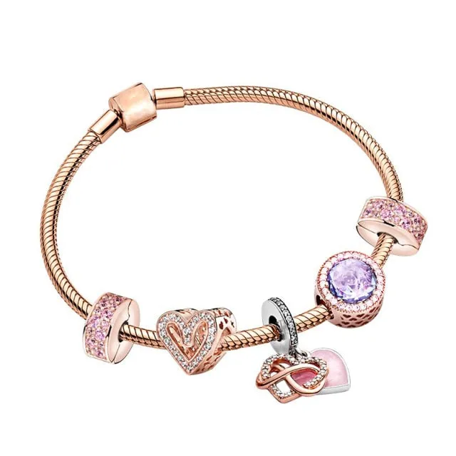 BRACE CO European Heart-shaped Pendant Charm Bracelet Fit Women's Jewellery Snake Chain Rose Gold Metal Fashion Fine Bracelets