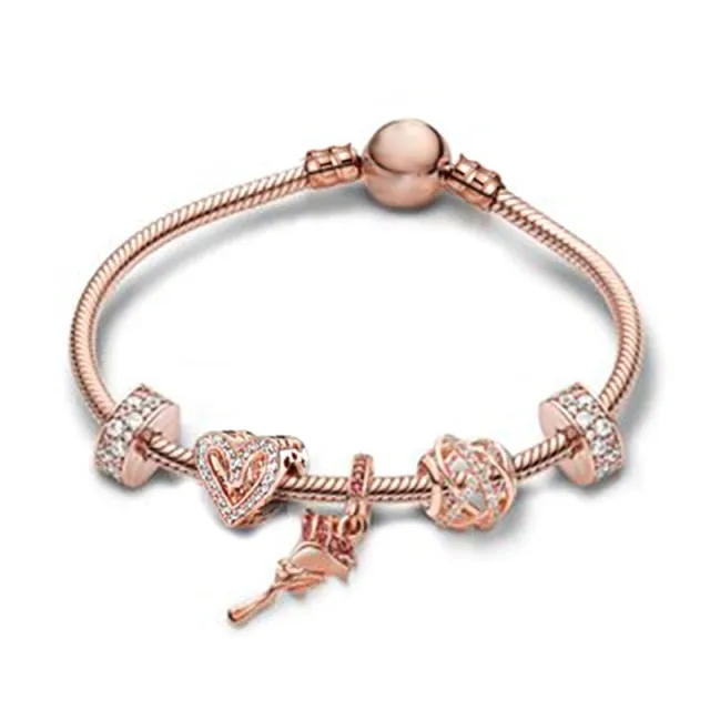 BRACE CO European Heart-shaped Pendant Charm Bracelet Fit Women's Jewellery Snake Chain Rose Gold Metal Fashion Fine Bracelets