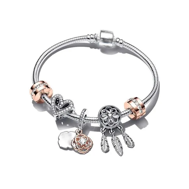 BRACE CO European Heart-shaped Pendant Charm Bracelet Fit Women's Jewellery Snake Chain Rose Gold Metal Fashion Fine Bracelets