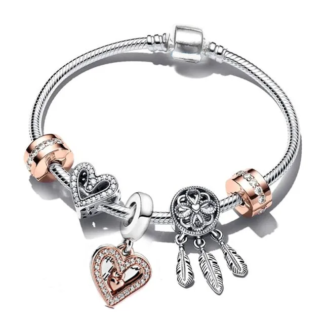 BRACE CO European Heart-shaped Pendant Charm Bracelet Fit Women's Jewellery Snake Chain Rose Gold Metal Fashion Fine Bracelets