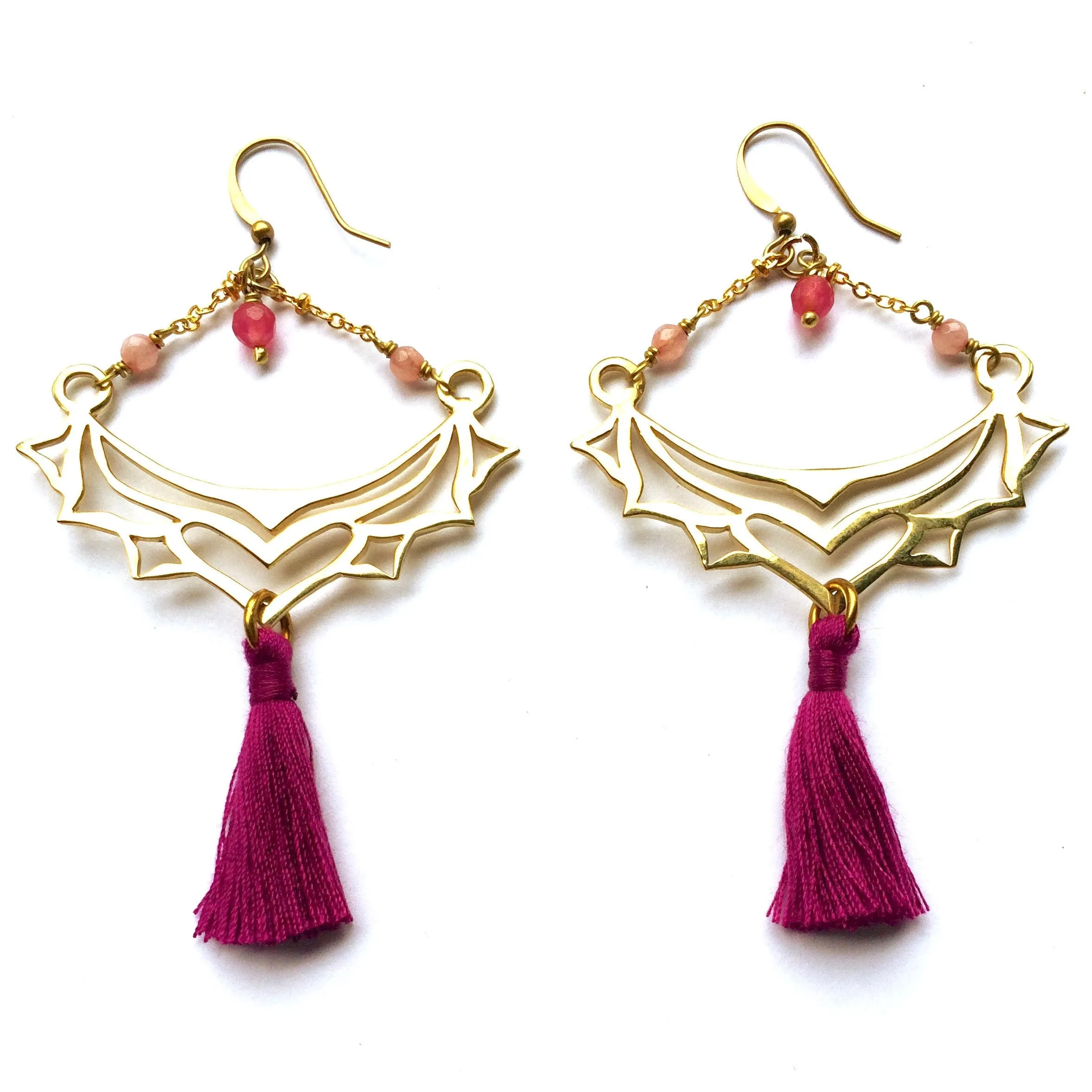Brass Boho Tassel Earrings with Rhodochrosite