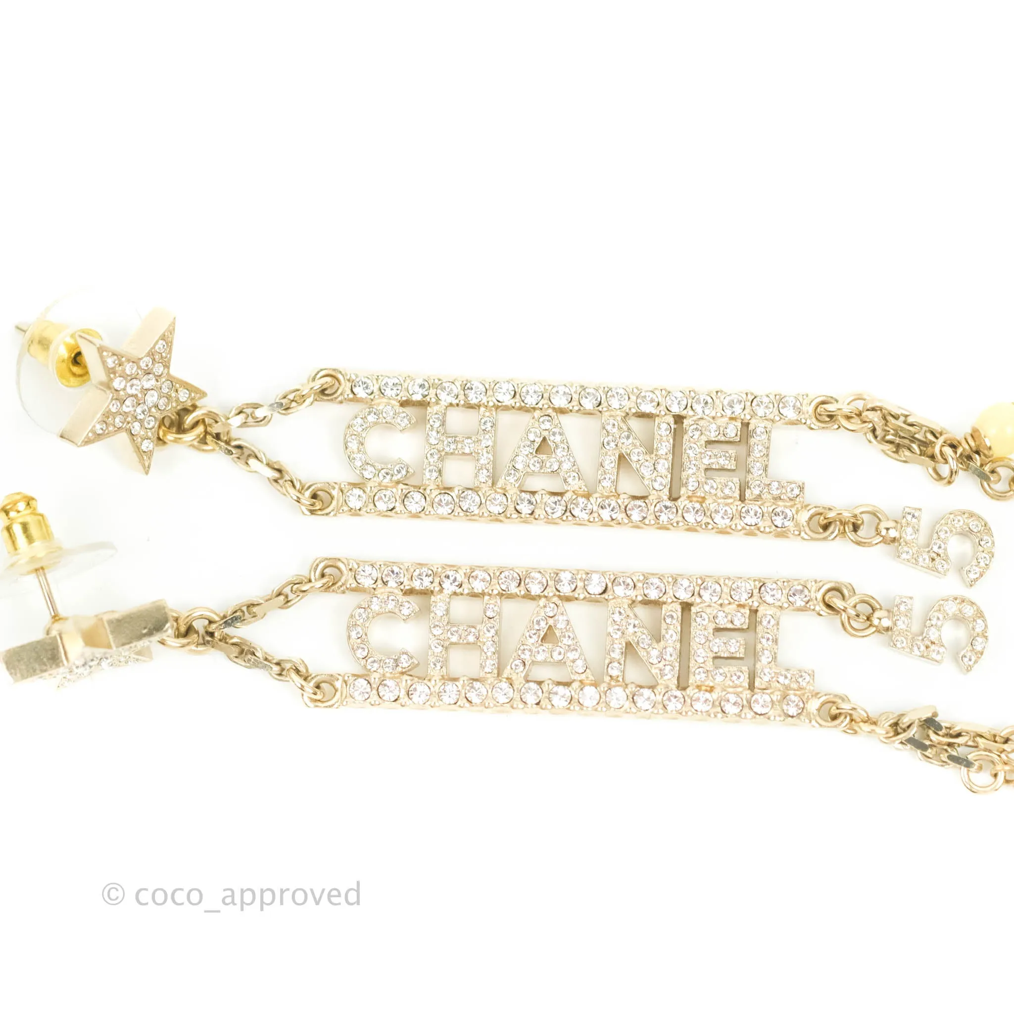 Chanel Crystal Star No5 CHANEL Drop Earrings Gold Tone 22S