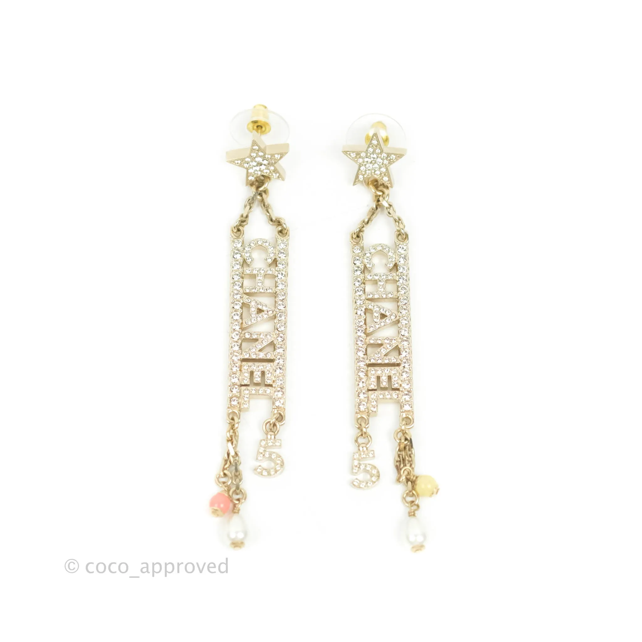 Chanel Crystal Star No5 CHANEL Drop Earrings Gold Tone 22S