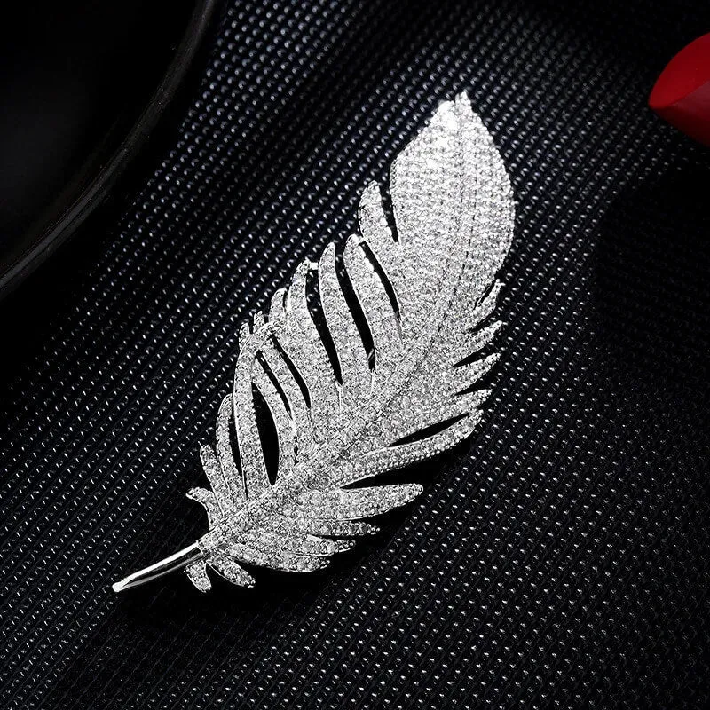 Copper Feather Brooch With Inlaid Micro Cubic Zirconia