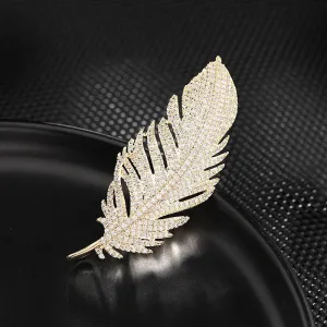 Copper Feather Brooch With Inlaid Micro Cubic Zirconia
