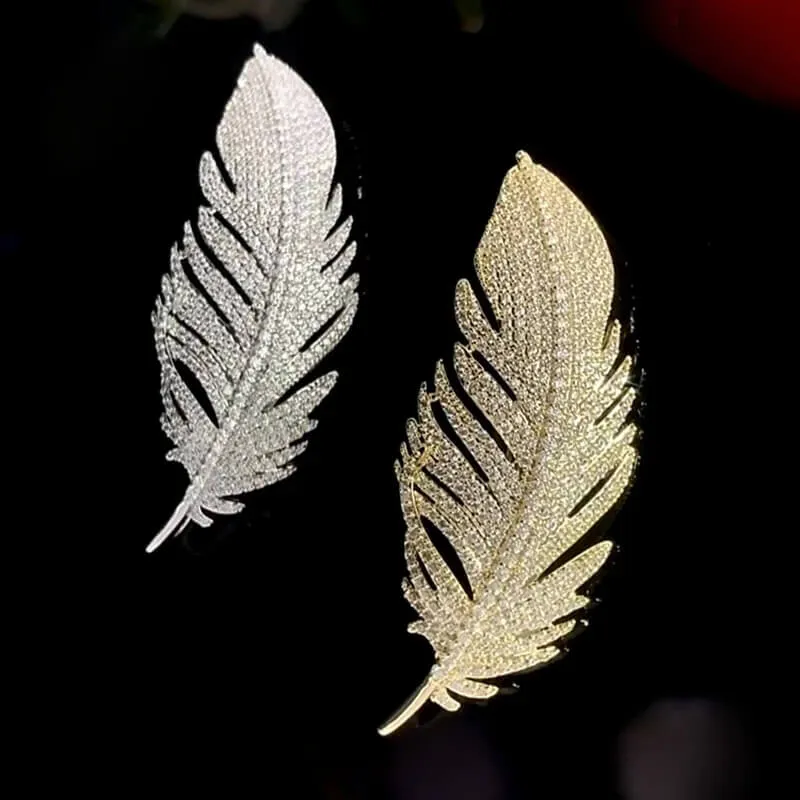 Copper Feather Brooch With Inlaid Micro Cubic Zirconia