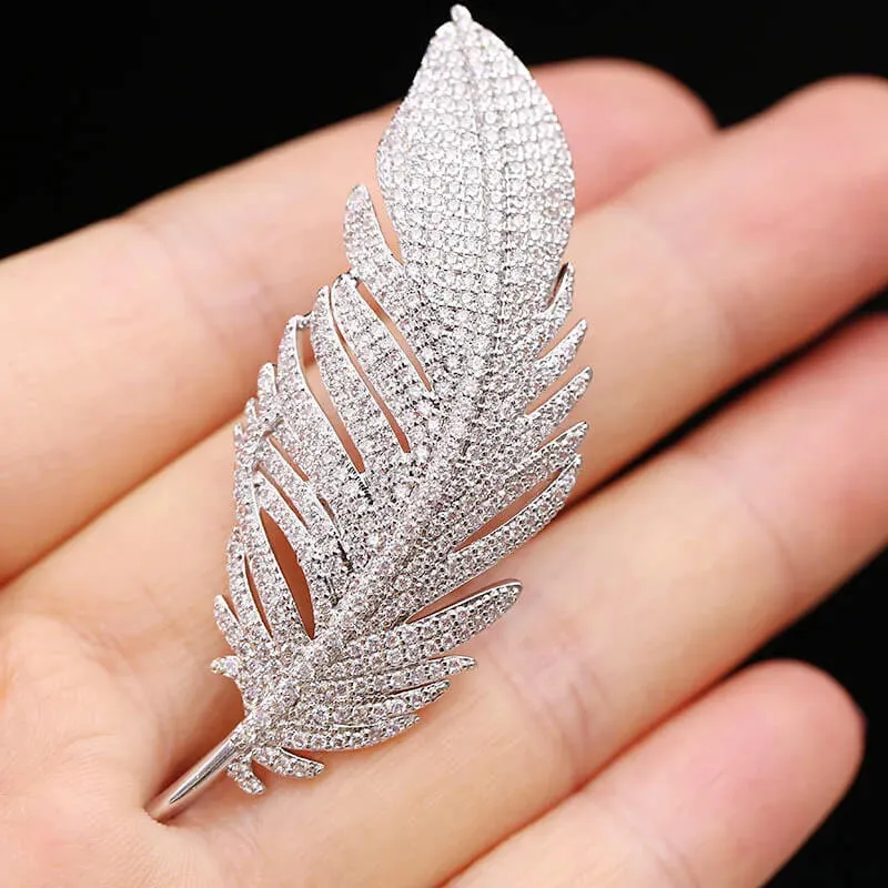 Copper Feather Brooch With Inlaid Micro Cubic Zirconia