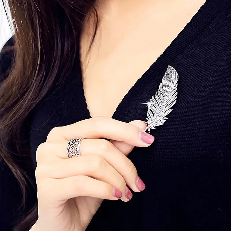 Copper Feather Brooch With Inlaid Micro Cubic Zirconia