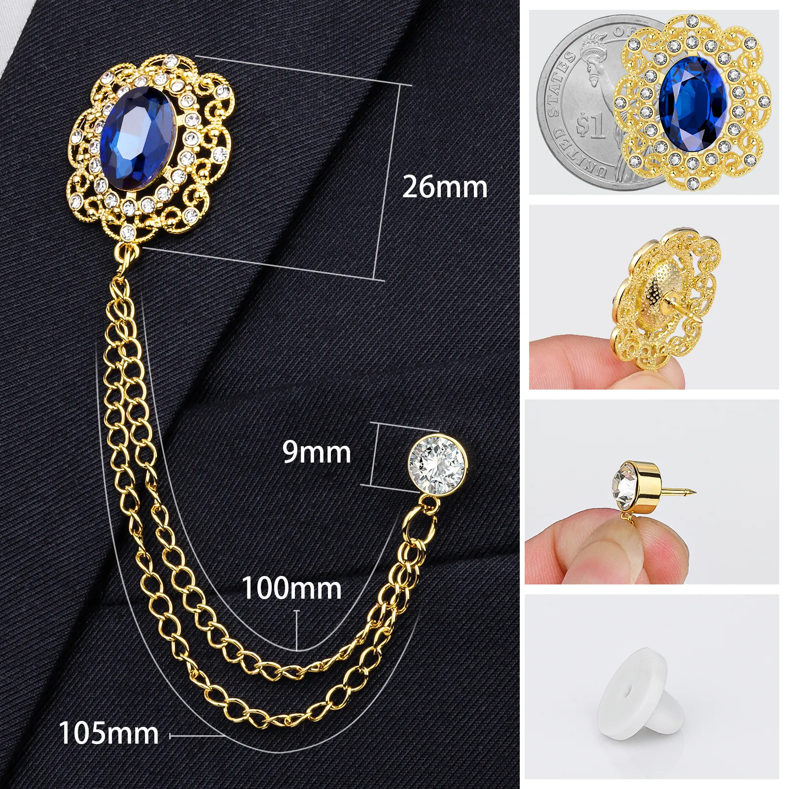 Crystal Lapel Pin for Men with chain