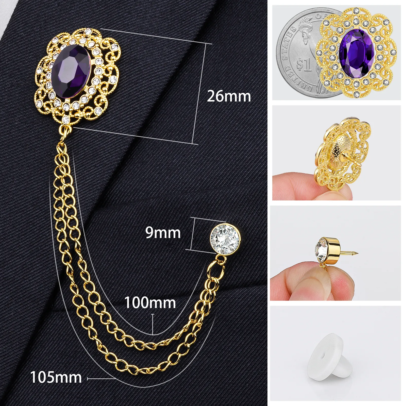 Crystal Lapel Pin for Men with chain