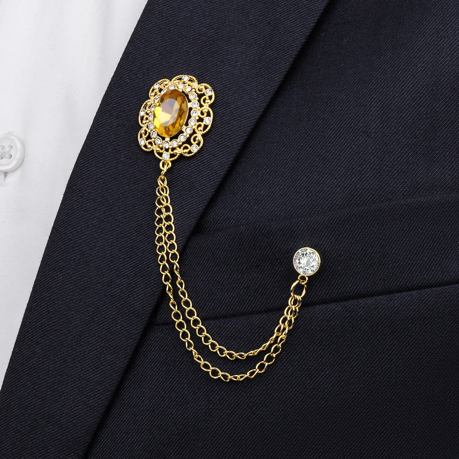 Crystal Lapel Pin for Men with chain