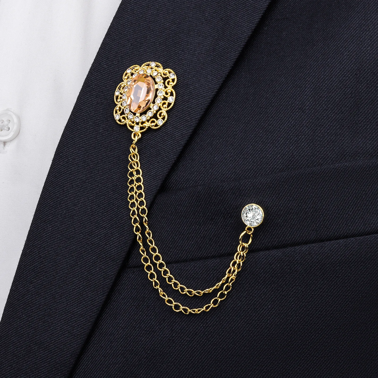Crystal Lapel Pin for Men with chain
