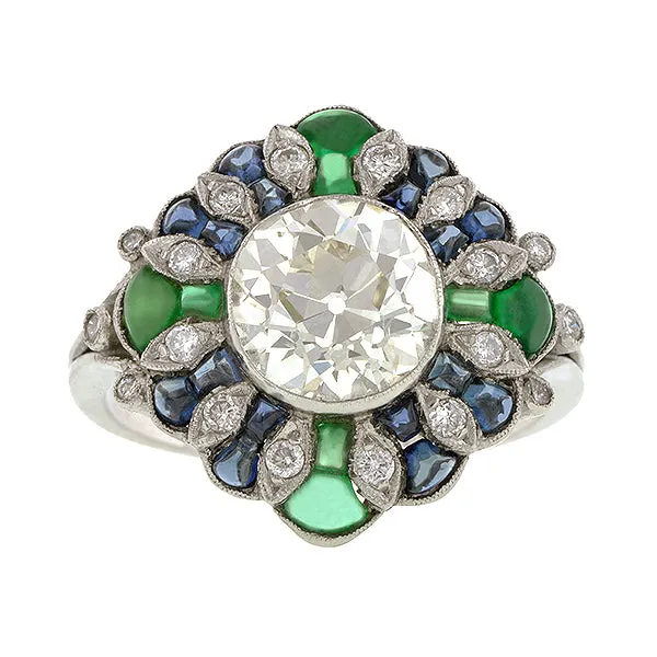 Diamond, Sapphire & Emerald Ring, Old Mine 2.33ct