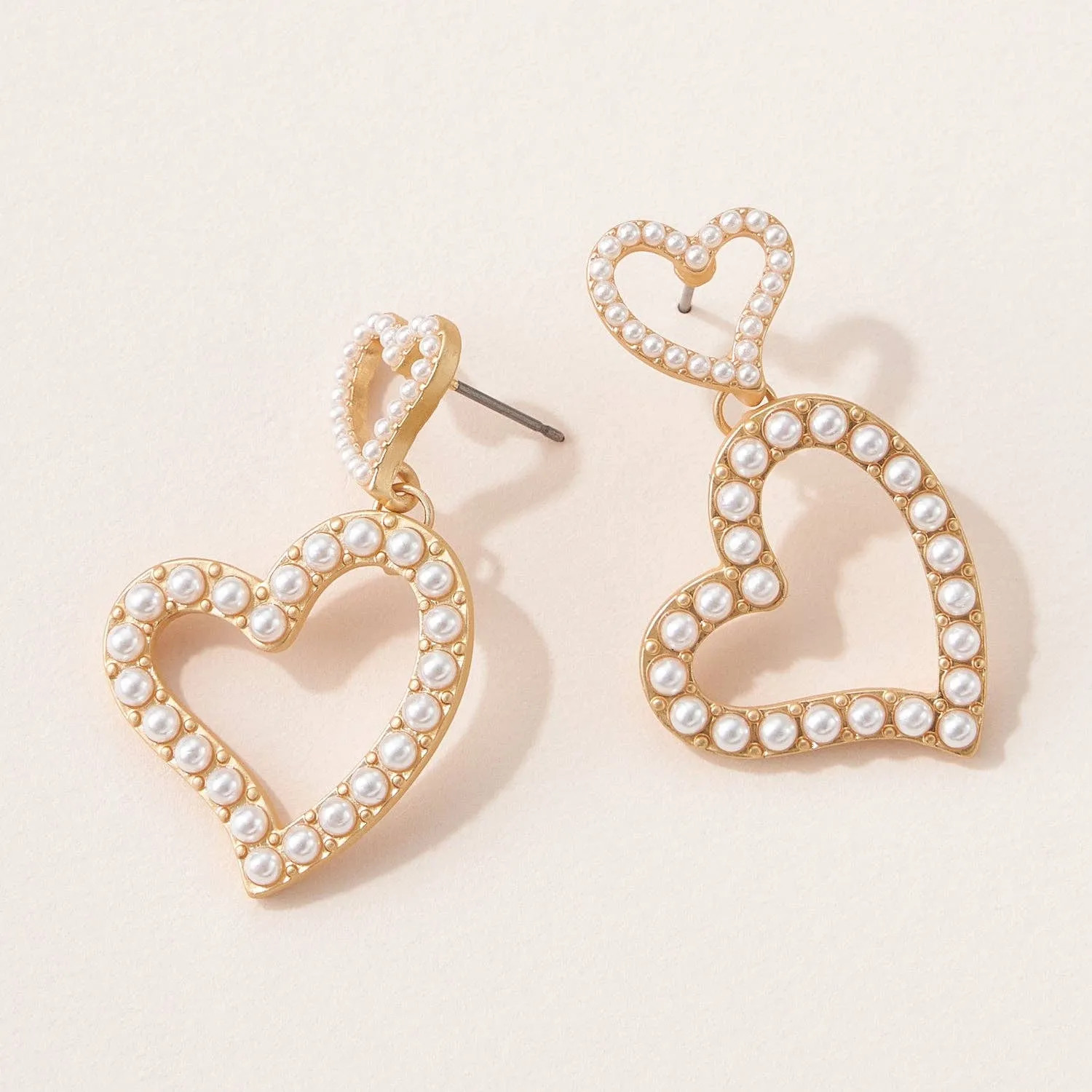 Double Heart Pearl Post Earrings