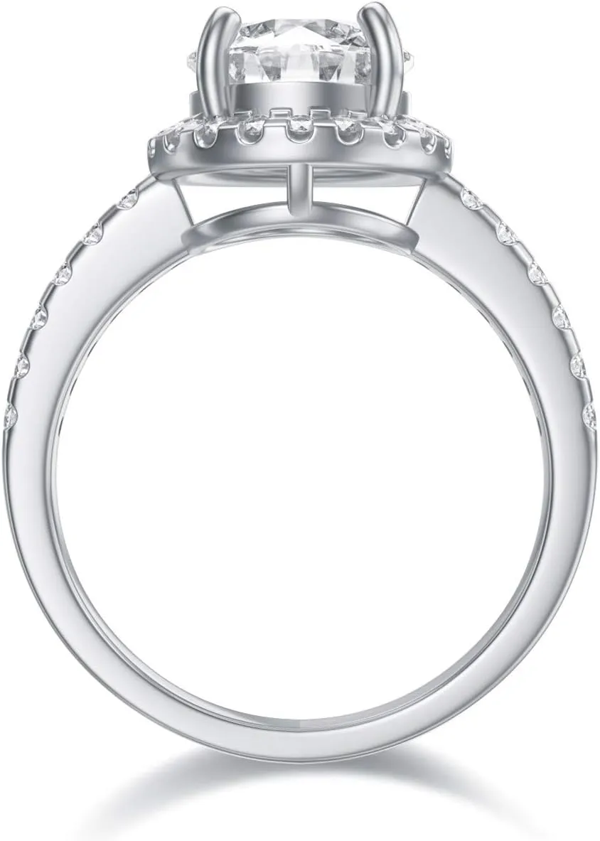 Engagement Ring 1.5 CT Center Halo Moissanite Engagement Rings for Women Platinum Plated Silver Free Engraving