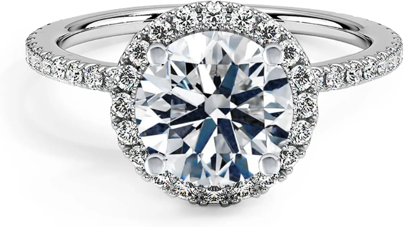 Engagement Ring 1.5 CT Center Halo Moissanite Engagement Rings for Women Platinum Plated Silver Free Engraving