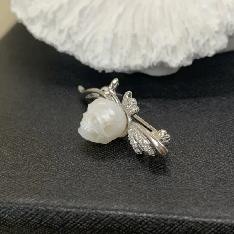 Fancy Corsage Pearl Skull CZ Brooch