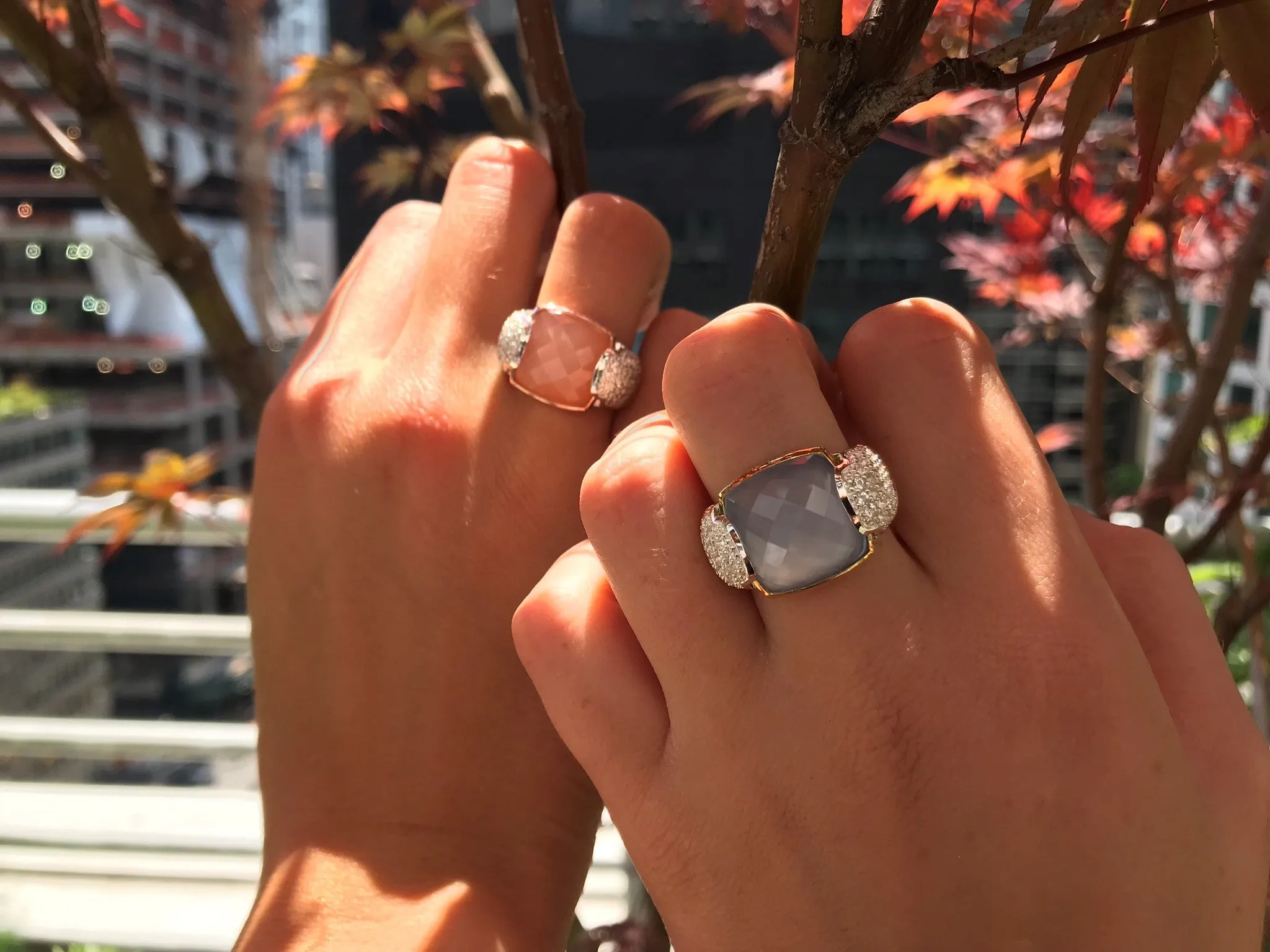 Fantasies Peach Moonstone Pave Statement Ring in two tone sterling silver with white topaz
