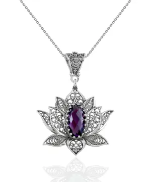 Filigree Art Amethyst Gemstone Blossoming Lotus Flower Women Silver Pendant Necklace