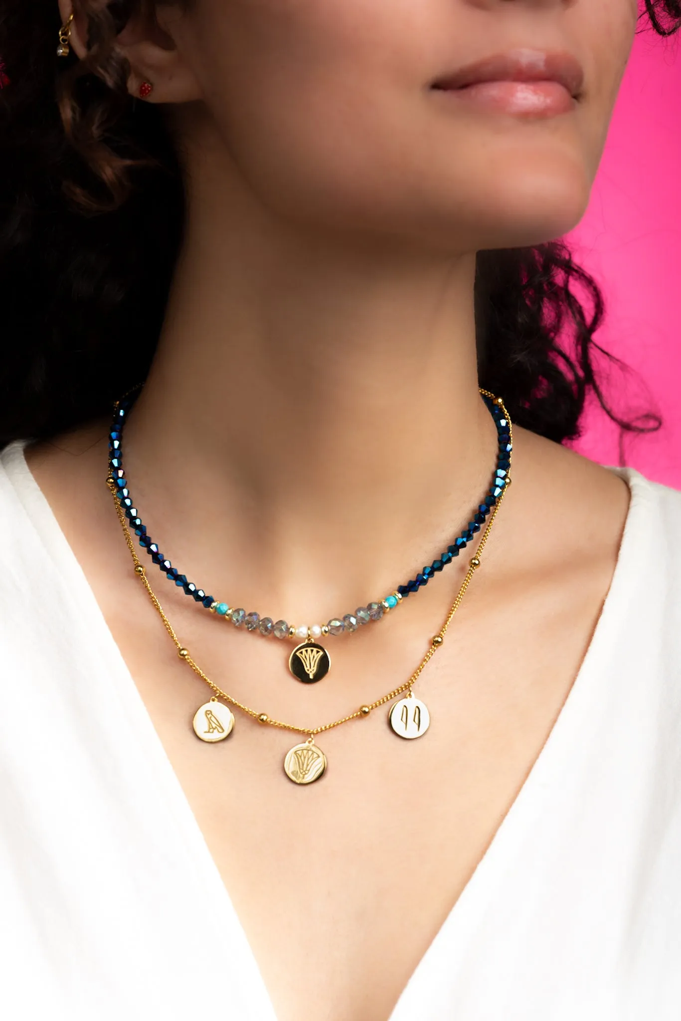 Gold-Plated Egyptian Symbols Necklace with Lotus, Horus, and Maat Pendants