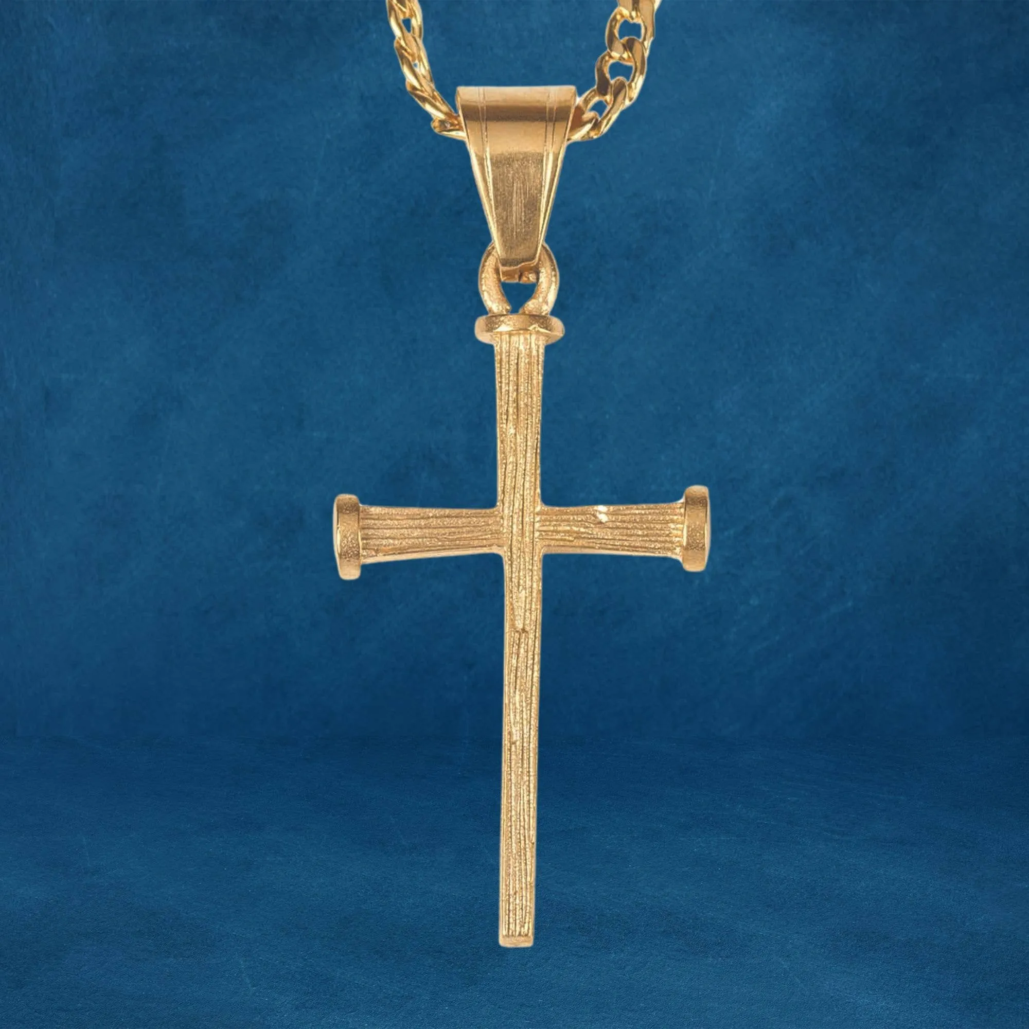 Gold Plated Stainless Steel Textured Nail Cross Necklace