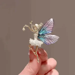 Gold-Toned Fairy Butterfly Brooch With Purple and Blue Wings