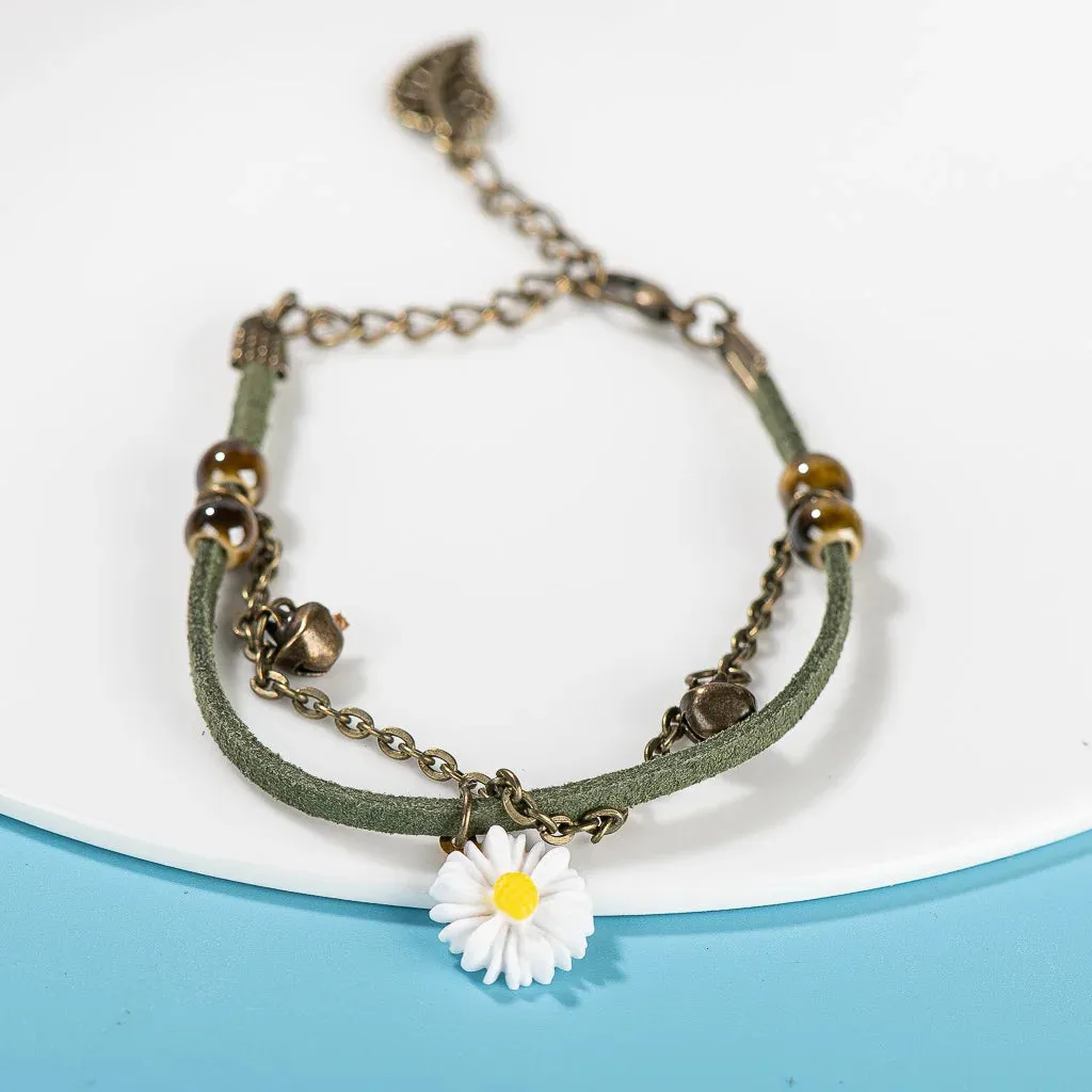 Leather Rope Acrylic Flower Double Porcelain Beads Handmade Bracelet