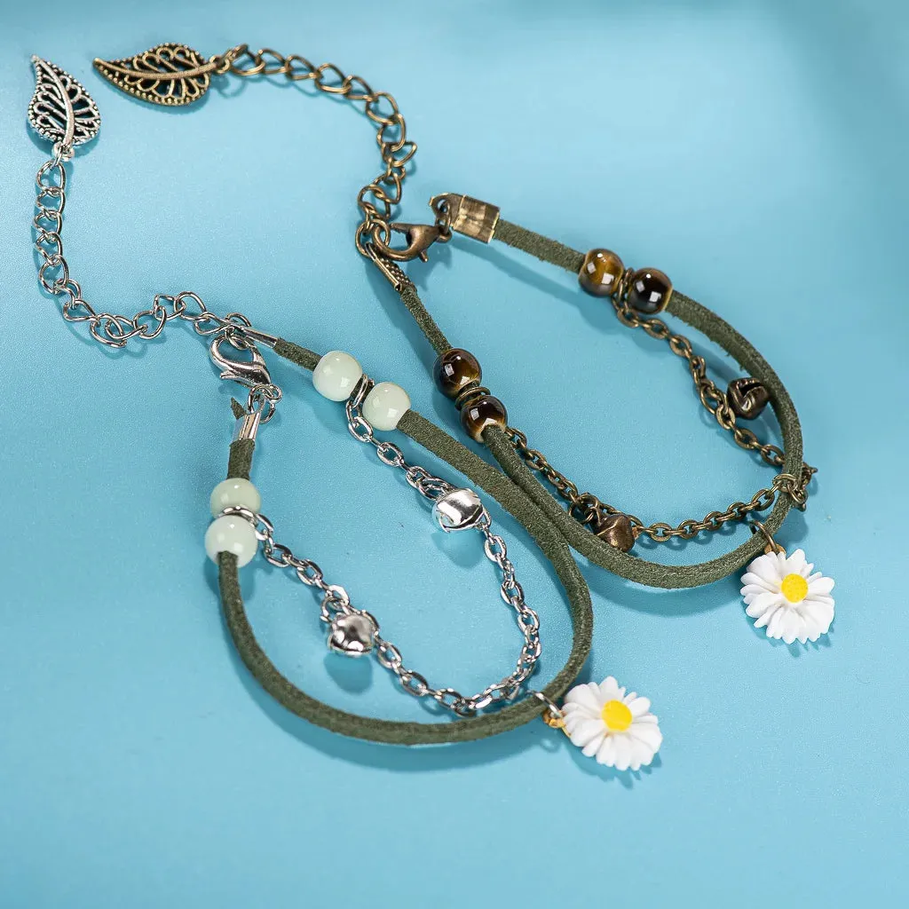Leather Rope Acrylic Flower Double Porcelain Beads Handmade Bracelet