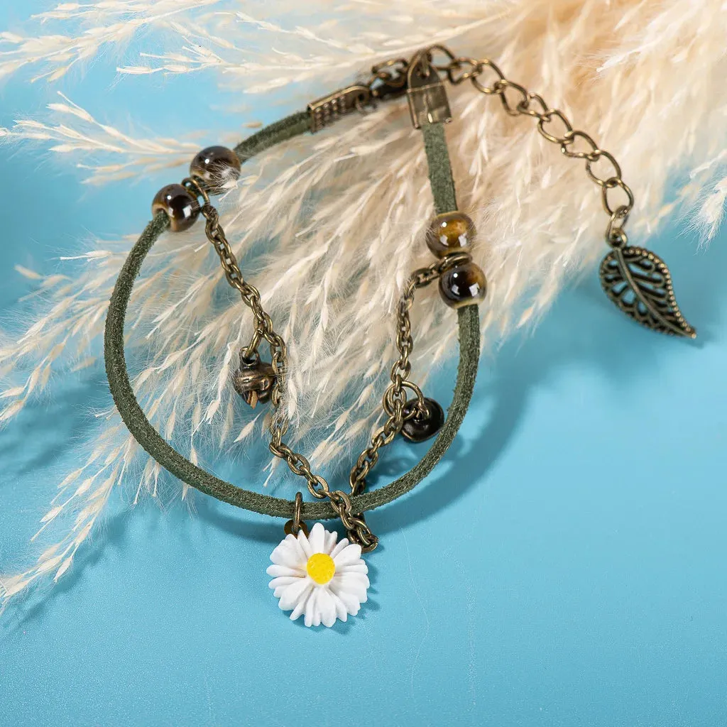 Leather Rope Acrylic Flower Double Porcelain Beads Handmade Bracelet