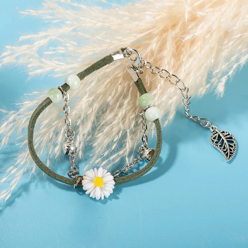 Leather Rope Acrylic Flower Double Porcelain Beads Handmade Bracelet