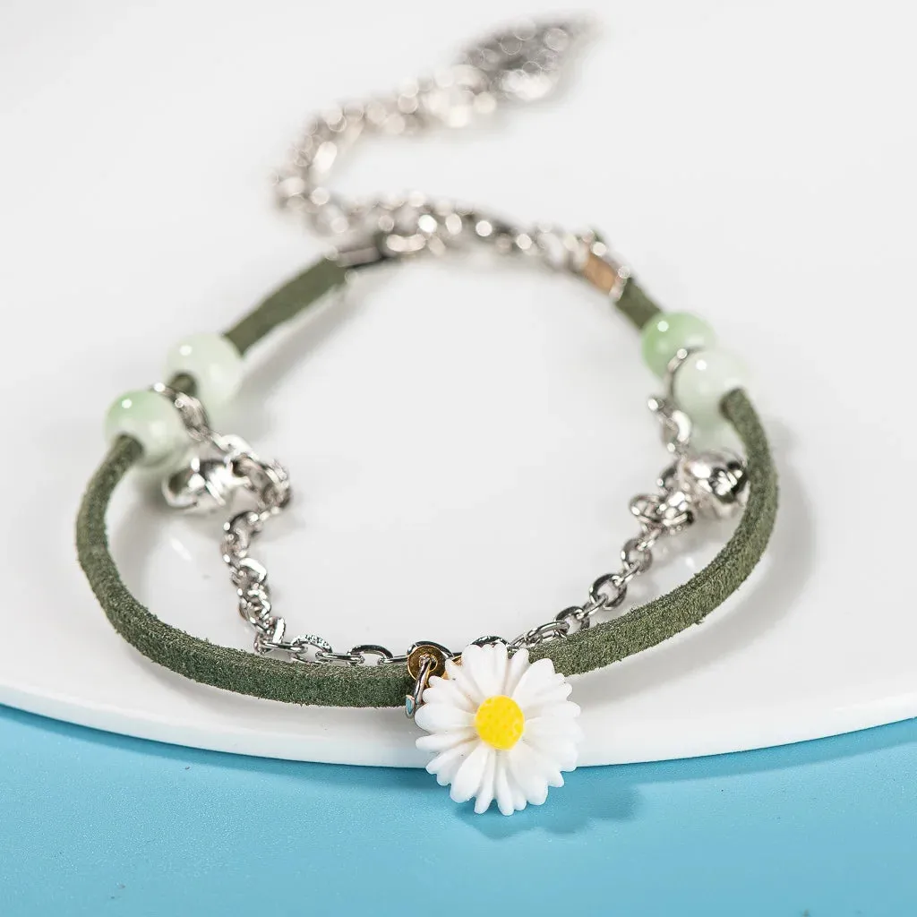 Leather Rope Acrylic Flower Double Porcelain Beads Handmade Bracelet