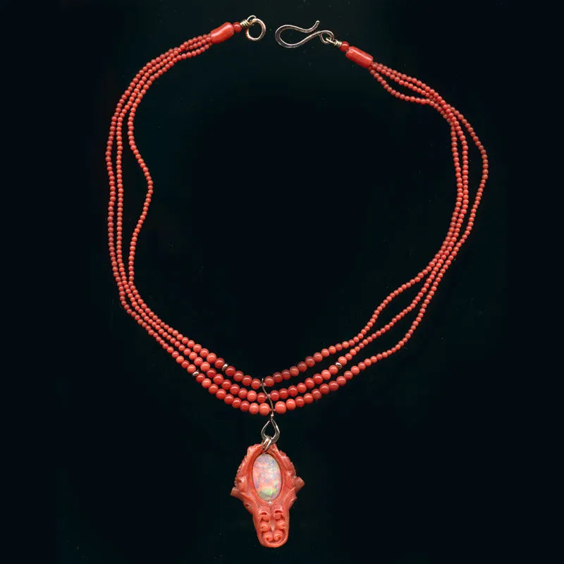 Mediterranean carved coral face-opal cabochon revsible necklace, 14k gold, triple strand coral. j-nlja851