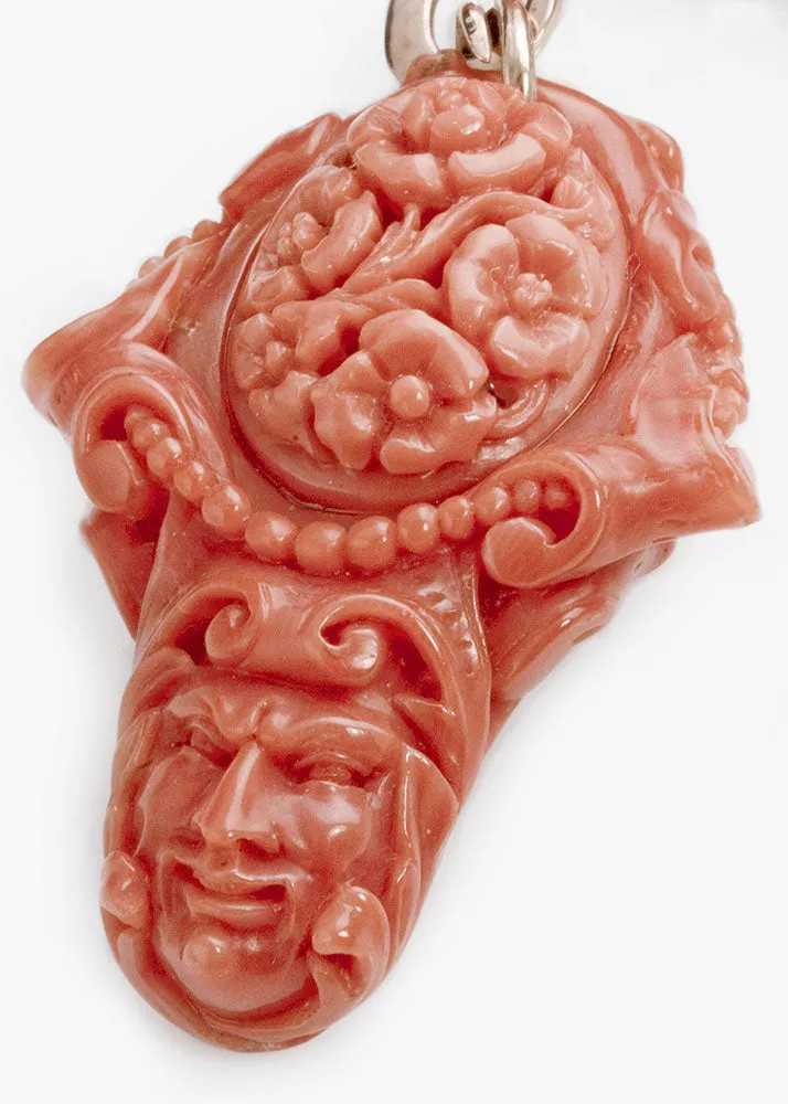 Mediterranean carved coral face-opal cabochon revsible necklace, 14k gold, triple strand coral. j-nlja851