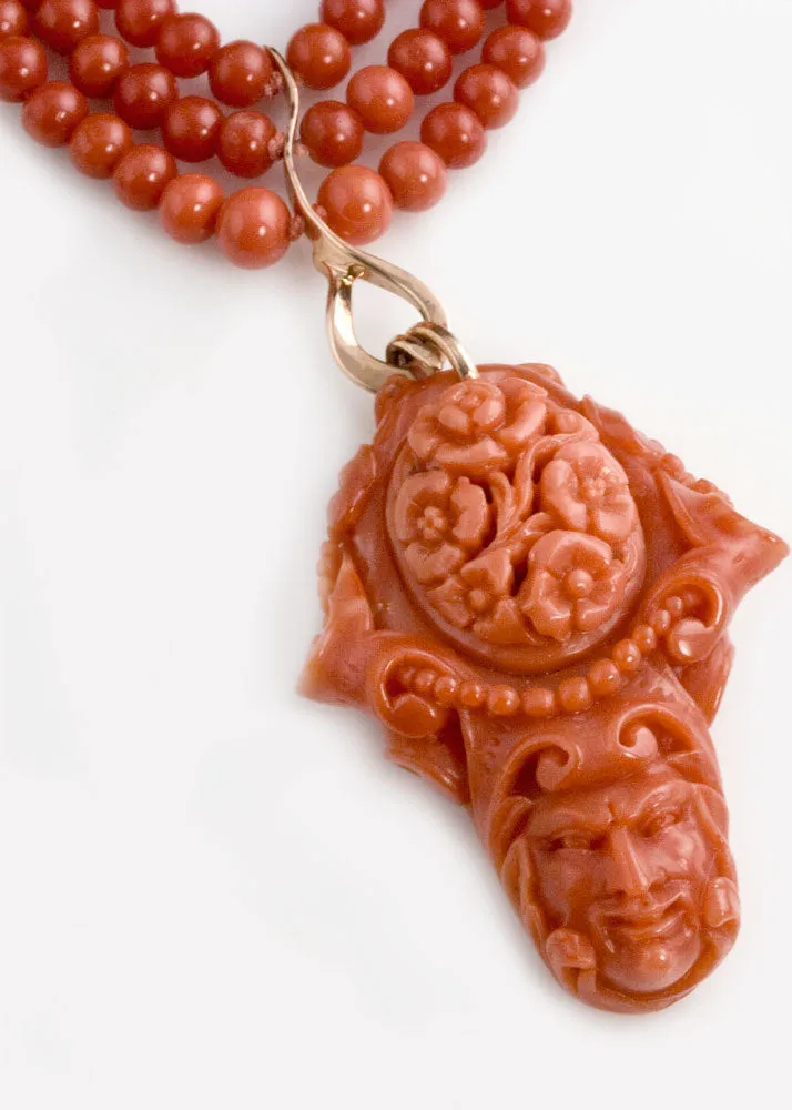 Mediterranean carved coral face-opal cabochon revsible necklace, 14k gold, triple strand coral. j-nlja851