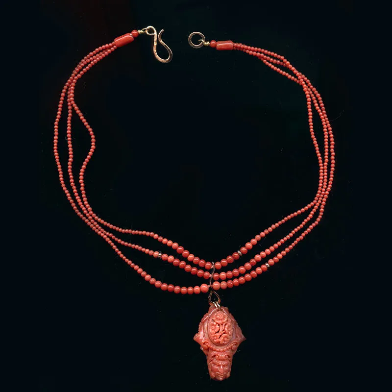 Mediterranean carved coral face-opal cabochon revsible necklace, 14k gold, triple strand coral. j-nlja851