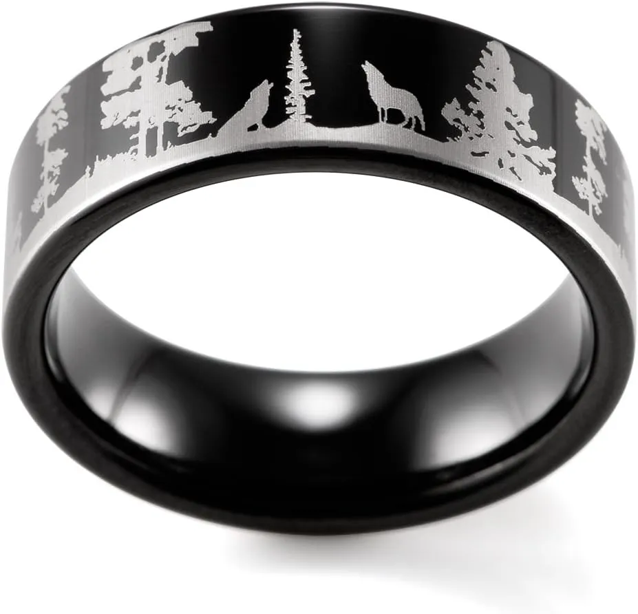 Men's 8mm Black Tungsten Ring with Engraved Wolves in Forest