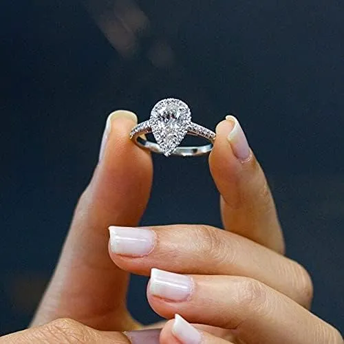 Mnyixsi 925 Sterling Silver CZ Sparkling Full Diamond Platinum Waterdrop Pear Shaped Zircon Ring for Women Teardrop Engagement Rings Eternity Engagement Wedding Ring Promise Ring Size 8