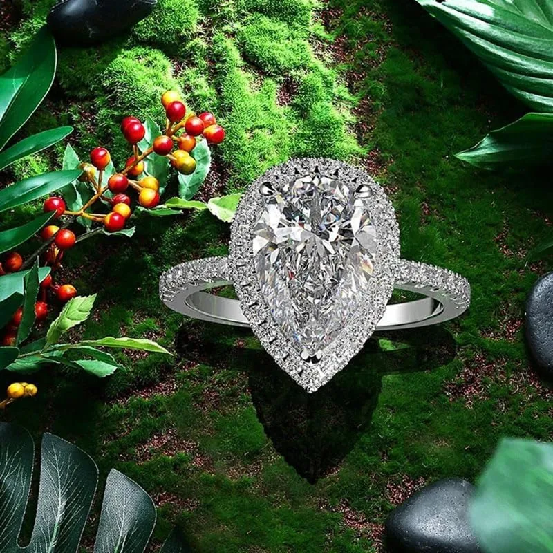 Mnyixsi 925 Sterling Silver CZ Sparkling Full Diamond Platinum Waterdrop Pear Shaped Zircon Ring for Women Teardrop Engagement Rings Eternity Engagement Wedding Ring Promise Ring Size 8