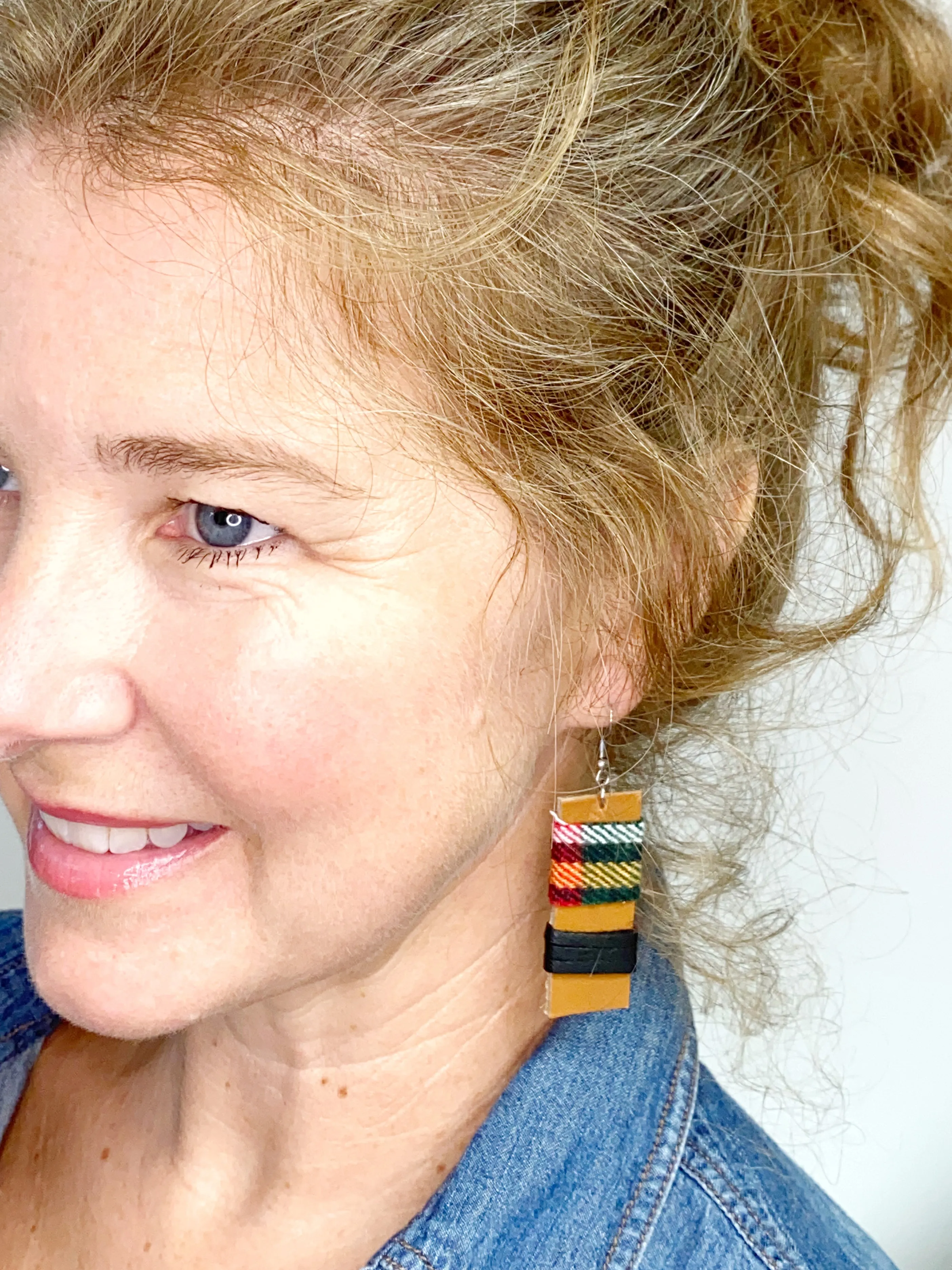 NEW! Eco Friendly Flannel and Leather Earrings, Upcycled Earrings, Gift for Her