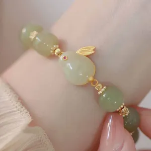 New green beaded fresh natural hetian jade bunny bracelet for women