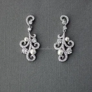 Pearl CZ Earrings with a Swirl Design