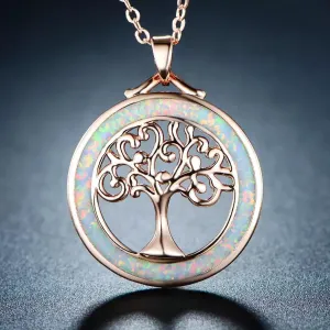 Peermont Tree of Life Necklace in White Fire Opal and Rose Gold Plating
