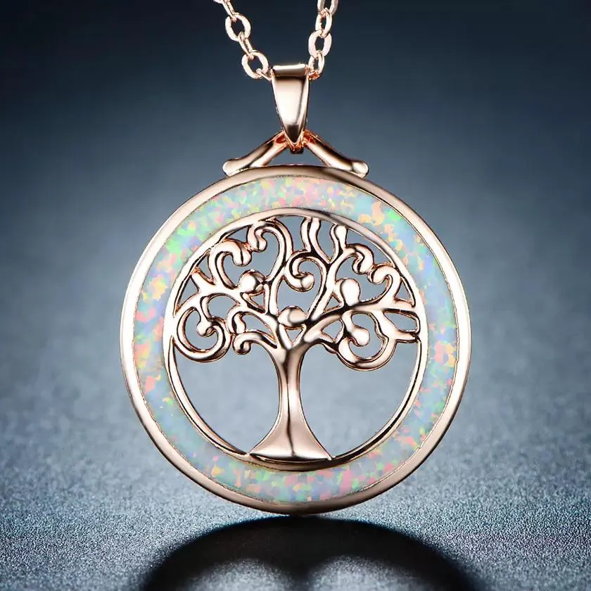 Peermont Tree of Life Necklace in White Fire Opal and Rose Gold Plating