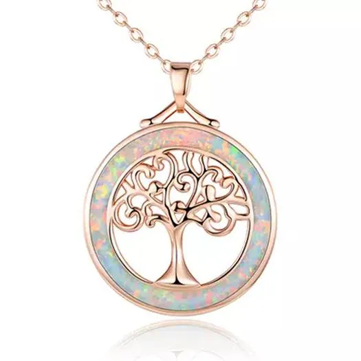 Peermont Tree of Life Necklace in White Fire Opal and Rose Gold Plating