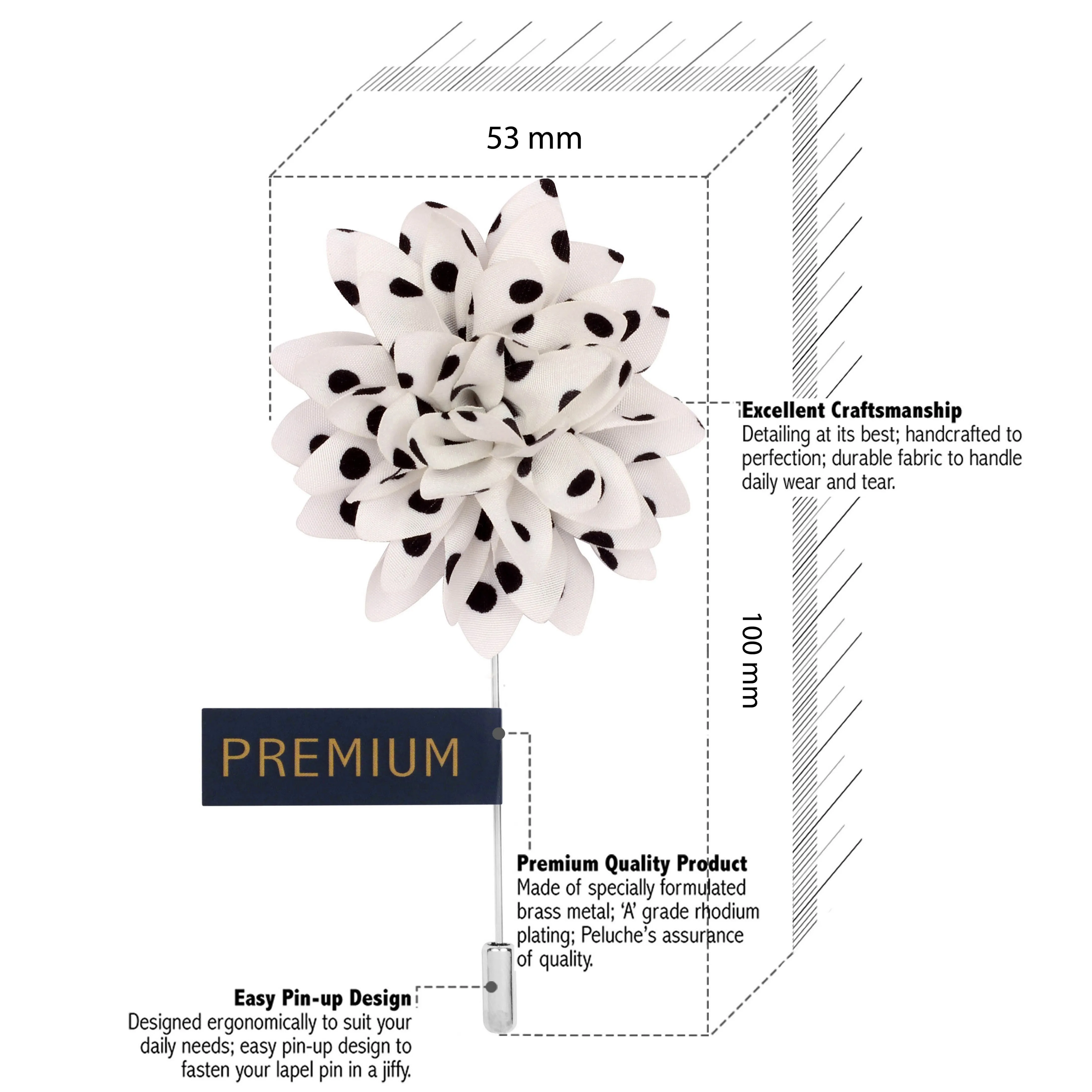 Peluche Polka Petals White, Black Brooch Lapel Pin