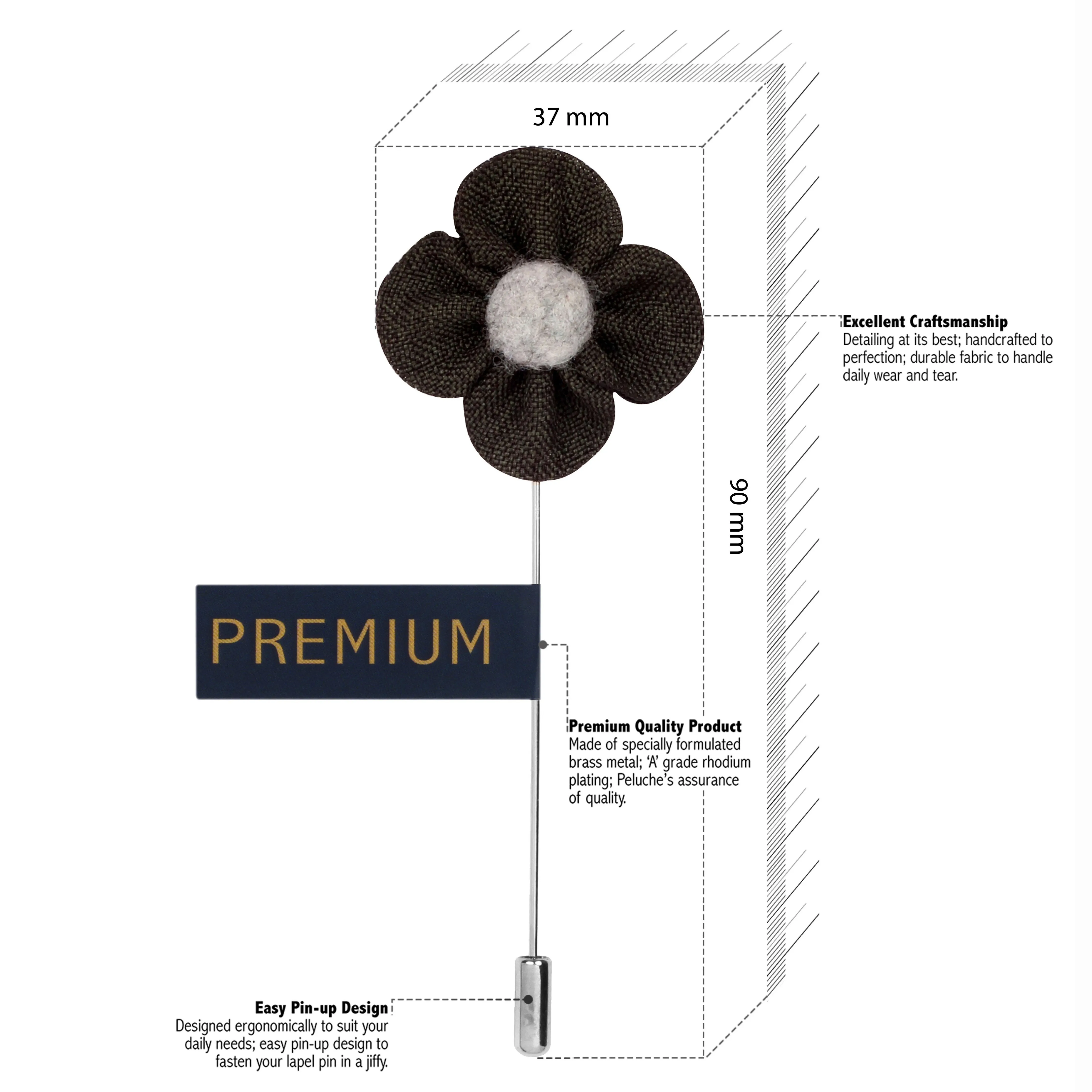 Peluche The Four Petal Classic Flower Dark Grey, Grey Brooch Lapel Pin