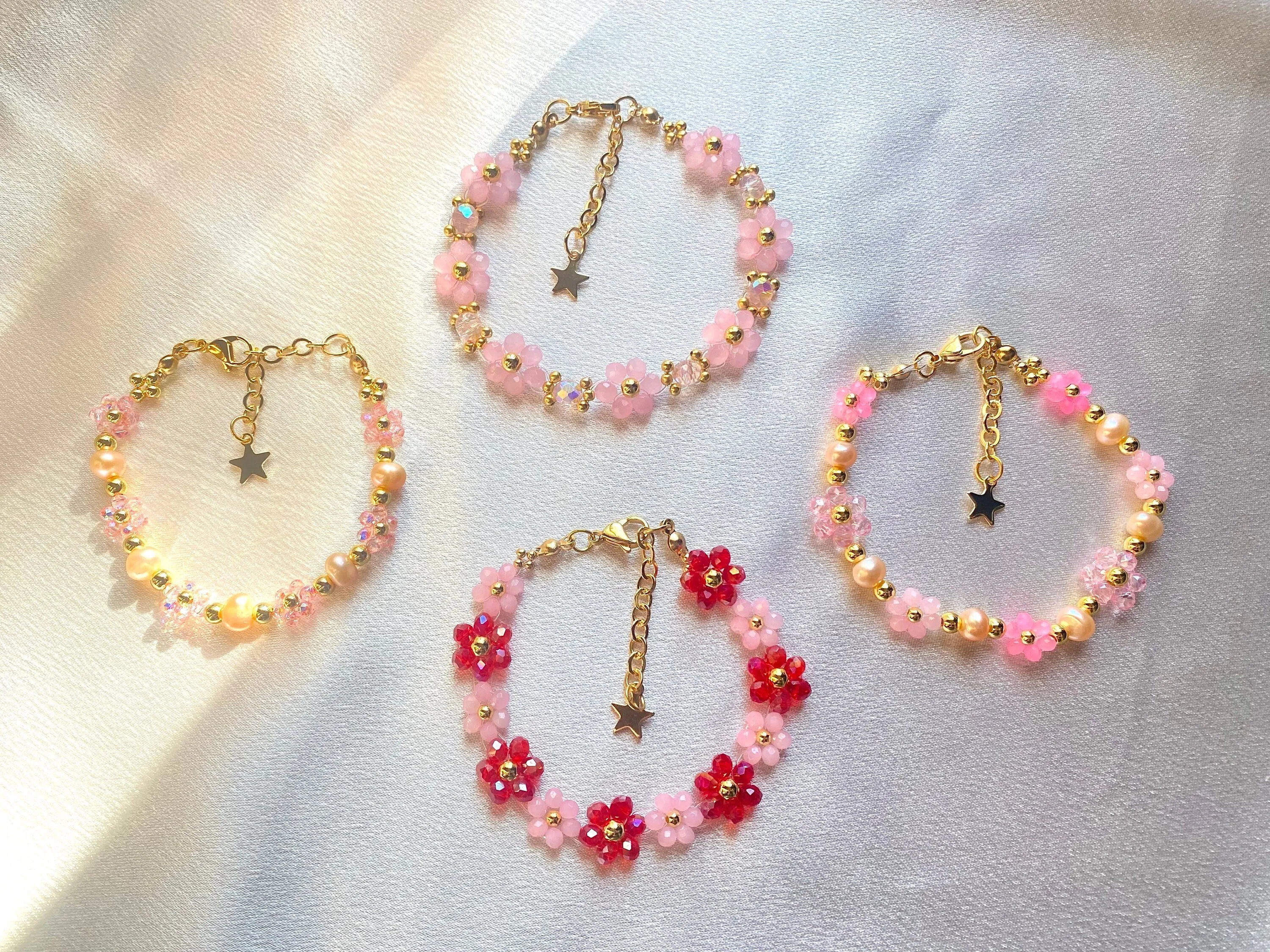 Pink Valentine Crystal Daisy Flower Bracelet