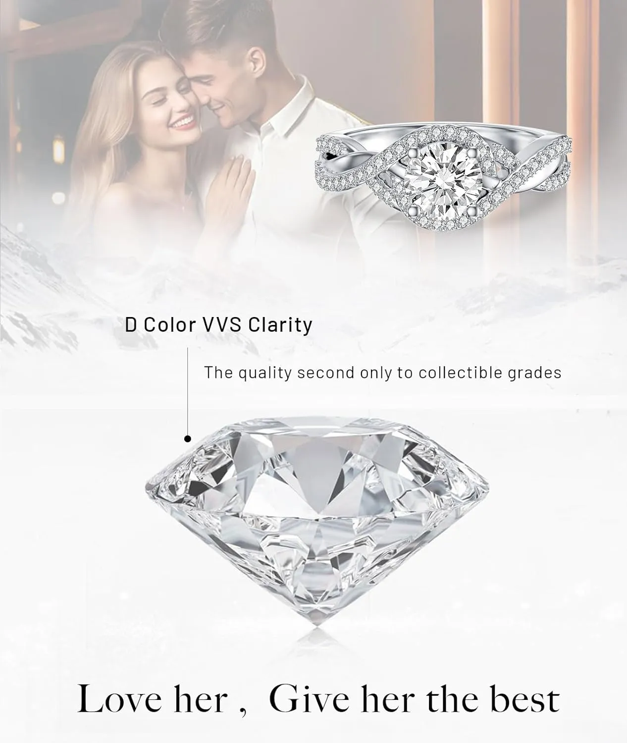 Platinum Plated 1.28 Carat (ctw) Moissanite Twisted Engagement Ring D Color VVS Clarity 925 Sterling Silver Infinity Promise Ring