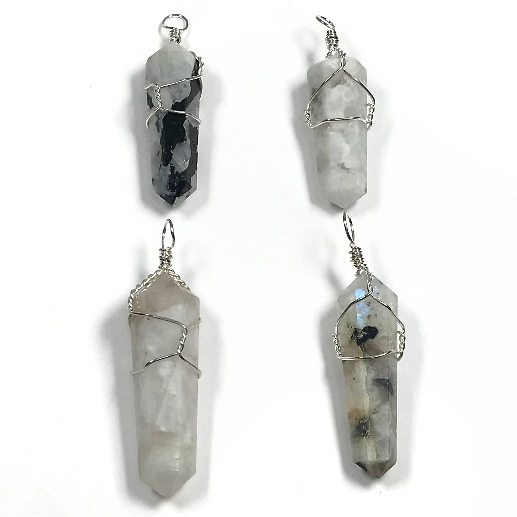 Rainbow Moonstone Pointed Pendant With Wire Wrapped Charms